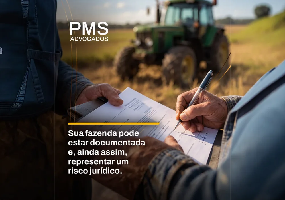 Produtor rural assina documento de compra de fazenda, com trator ao fundo